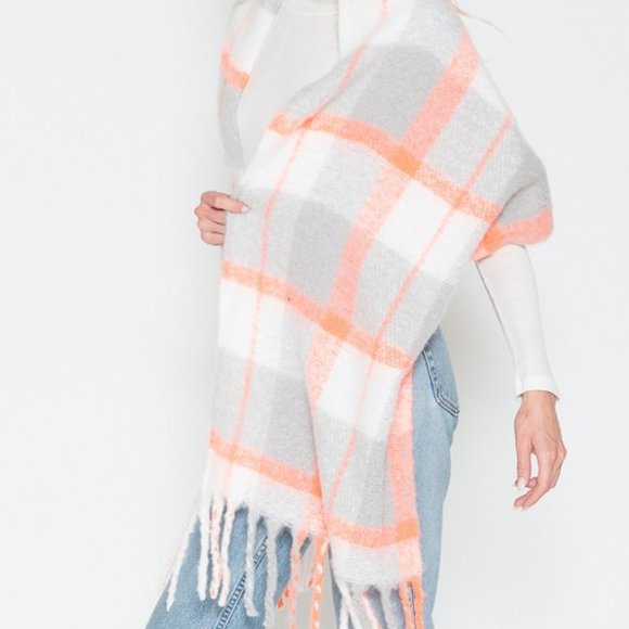 Gray, Orange & Ivory Plaid Scarf with Whimsical Fringe - Picture 7 of 8